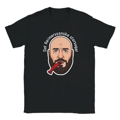 Humoristisk t-shirt med grafiskt motiv föreställande en intensiv kräftätare