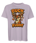 Ljuslila oversized t-shirt med kaxigt Buck Fuddy-motiv och orange detaljer