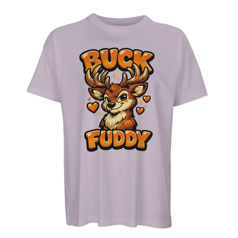 Ljuslila oversized t-shirt med kaxigt Buck Fuddy-motiv och orange detaljer