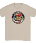 Make Oil Great Again" satirisk logga med Trump-karikatyr och mustasch på beige t-shirt.