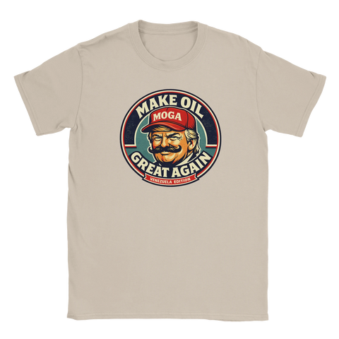 Make Oil Great Again" satirisk logga med Trump-karikatyr och mustasch på beige t-shirt.