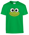 Kermit-ansikte med stora ögon och leende mun, tryckt på en grön barn-t-shirt.