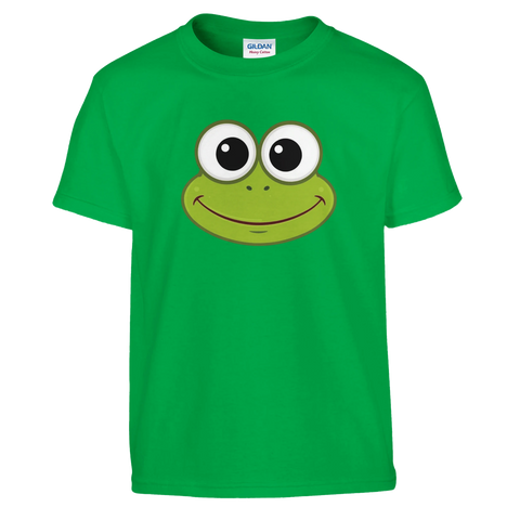 Kermit-ansikte med stora ögon och leende mun, tryckt på en grön barn-t-shirt.
