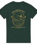 Skogsgrön t-shirt med retro linjekonst av ett kustlandskap med fyr