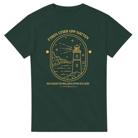 Skogsgrön t-shirt med retro linjekonst av ett kustlandskap med fyr