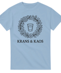 Svart linjekonst av en blomsterkrans och nubbe – ljusblå t-shirt