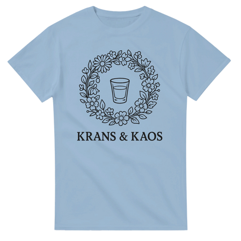 Svart linjekonst av en blomsterkrans och nubbe – ljusblå t-shirt
