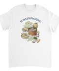 Detaljerad illustration av surströmming och tunnbröd på vit t-shirt