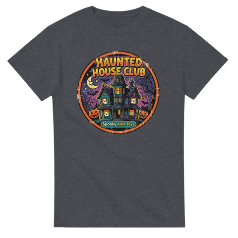 Grafiskt halloween-tryck med nostalgisk leksakskänsla på grå t-shirt