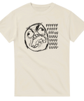 Vintage meme-tryck av en ursinnig karaktär på en naturvit t-shirt