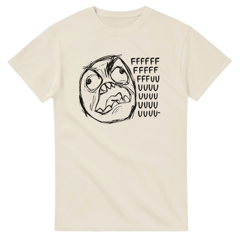 Vintage meme-tryck av en ursinnig karaktär på en naturvit t-shirt