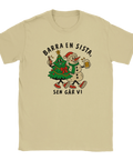 Beige t-shirt med en julgran och snögubbe som skålar och texten ”Barra en sista, sen går vi”.