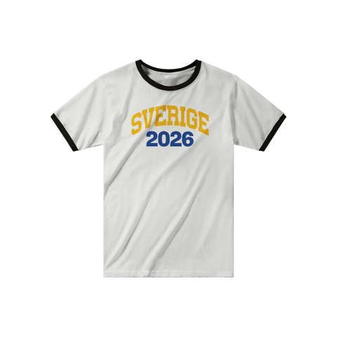 Vikt vit ringer t-shirt med gult och blått Sverige 2026 tryck