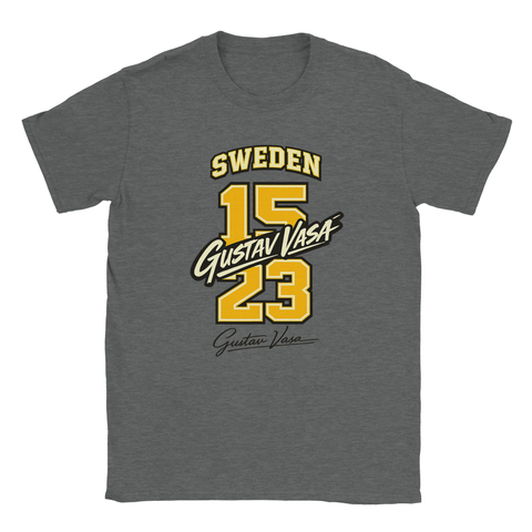 Grafiskt tryck med svensk historia och årtalet 1523 på grå melerad t-shirt