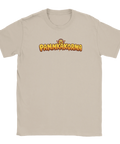 Närbild på trycket på en beige Pannkakorna t-shirt.