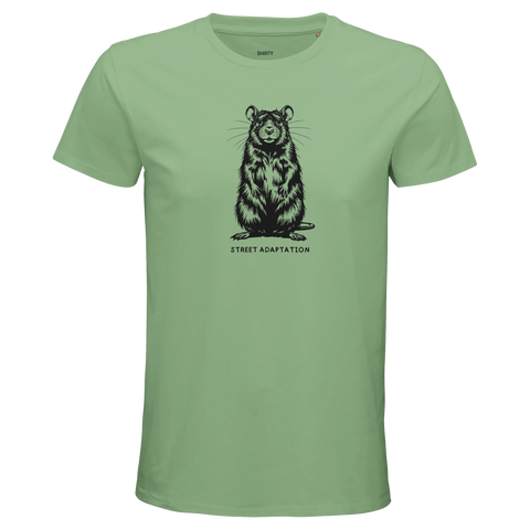 Ljusgrön t-shirt med konstnärlig illustration av en smart råtta