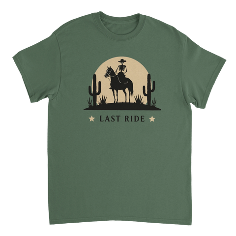 Retro silhuett av en ryttare i solnedgången på grön t-shirt