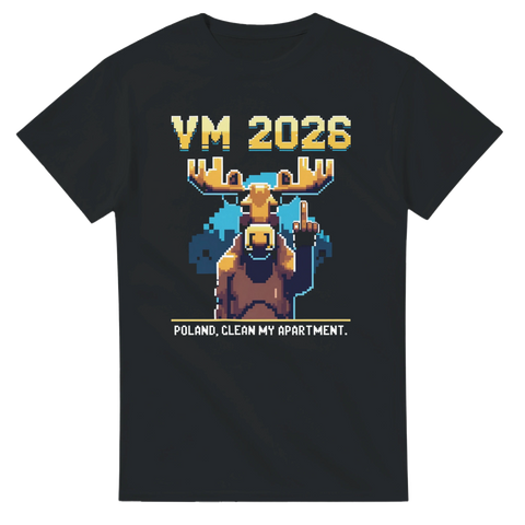 Pixelgrafik av en kaxig älg med solglasögon – satirisk t-shirt för VM 2026