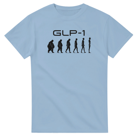 Minimalistisk illustration av evolution från övervikt till vältränad – ljusblå t-shirt med tryck