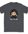 Tecknad figur i hoodie som ger fingret med text "SKIT PÅ DIG" på mörkgrå t-shirt.