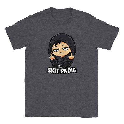 Tecknad figur i hoodie som ger fingret med text "SKIT PÅ DIG" på mörkgrå t-shirt.