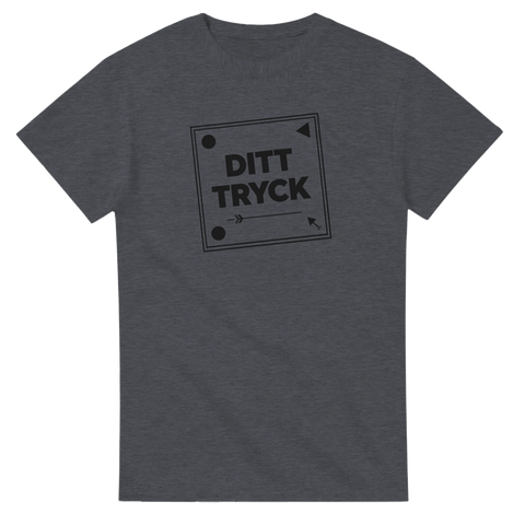 Kreativt ramverk för t-shirt med egen logga på mörkgrå bas