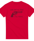 Satiriskt tryck med vapen och provocerande citat – grafisk t-shirt