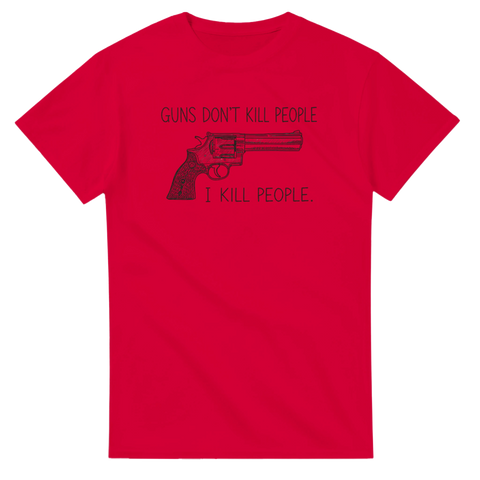 Satiriskt tryck med vapen och provocerande citat – grafisk t-shirt