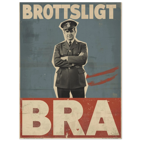 Närbild på en vintageinspirerad affisch föreställande en polis i kavaj mot en blå och röd bakgrund med blockbokstäver.