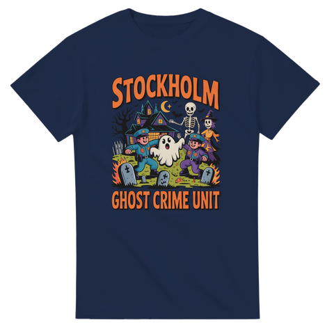 Marinblå t-shirt med kaxig paranormal humor och tecknade poliser