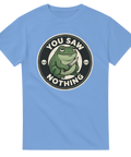 Ljusblå t-shirt med satirisk illustration av groda med kniv