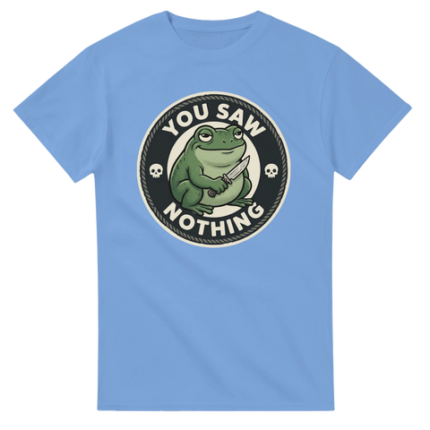 Ljusblå t-shirt med satirisk illustration av groda med kniv
