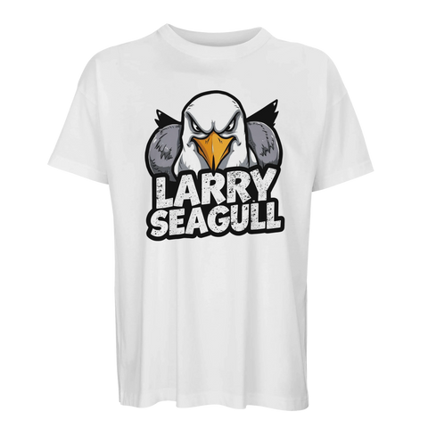 Vit ekologisk t-shirt med kaxigt grafiskt motiv av Larry Seagull