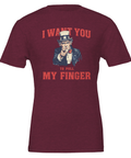 Farbror Sam-tryck "I WANT YOU TO PULL MY FINGER" på vinröd t-shirt, humoristisk retrodesign.