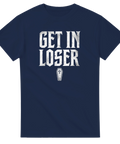 Marinblå t-shirt med grafiskt kistmotiv och texten Get In Loser i sliten stil