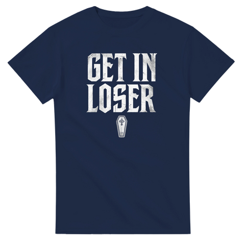 Marinblå t-shirt med grafiskt kistmotiv och texten Get In Loser i sliten stil