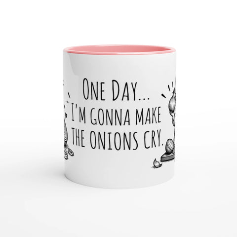 Mugg med texten One day I'm gonna make the onions cry, lök och en tecknad kock.