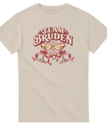 Beige t-shirt med champagneglas, rosett, ring och texten ”Team bruden”.