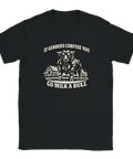 Satirisk illustration av en tjur med text om biologi på svart t-shirt