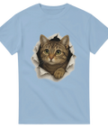 Ljusblå t-shirt med samma 3D-kattmotiv: katten bryter sig ut ur tröjan.

