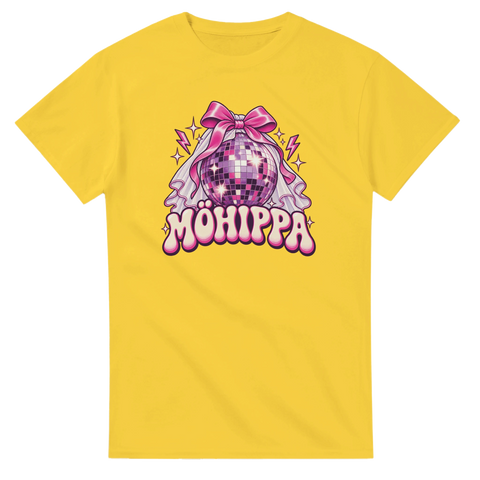 T-shirt med rosa discokula, rosett, brudslöja och texten Möhippa