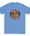 Make Oil Great Again" Trump-parodi med mustasch och "Venezuela Edition" på ljusblå t-shirt.