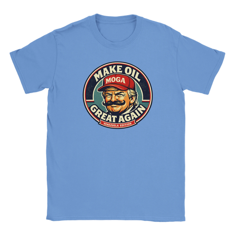 Make Oil Great Again" Trump-parodi med mustasch och "Venezuela Edition" på ljusblå t-shirt.