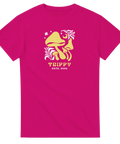 Retro svamptryck med 70-talsestetik på en starkt rosa t-shirt