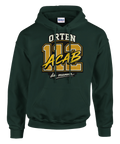 Mörkgrön hoodie med tungt grafiskt motiv och satirisk text