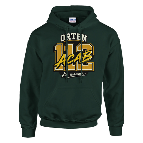 Mörkgrön hoodie med tungt grafiskt motiv och satirisk text