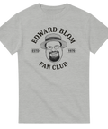 Edward Blom Fan Club-tryck med karikatyr av Edward Blom i stråhatt, på grå T-shirt.