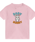 Rosa baby-t-shirt med en mjuk illustration av en liten kanin