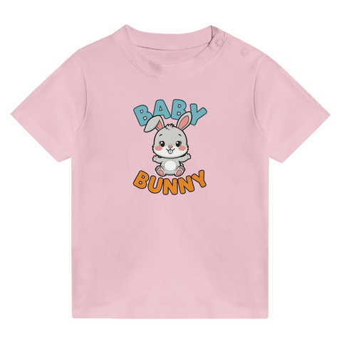Rosa baby-t-shirt med en mjuk illustration av en liten kanin