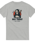 Grå t-shirt med liemannen som dricker kaffe och 'Not Today' tryck.